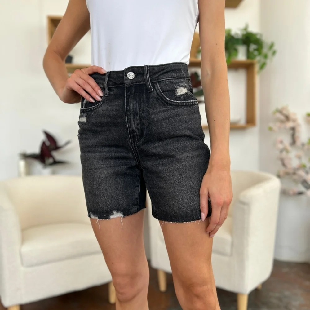 Judy Blue High Rise Tummy Control Denim Slim Black Distressed Frayed Jean Shorts